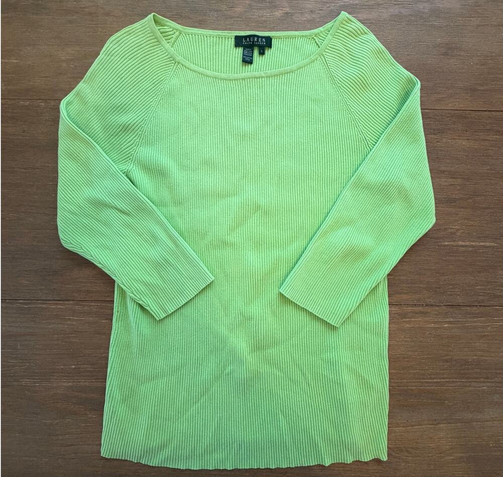 Lauren Ralph Lauren Lime Green Ribbed Cotton Sweater Top Women's Large